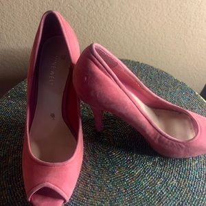 Pink Suede Peek Toe Sandal